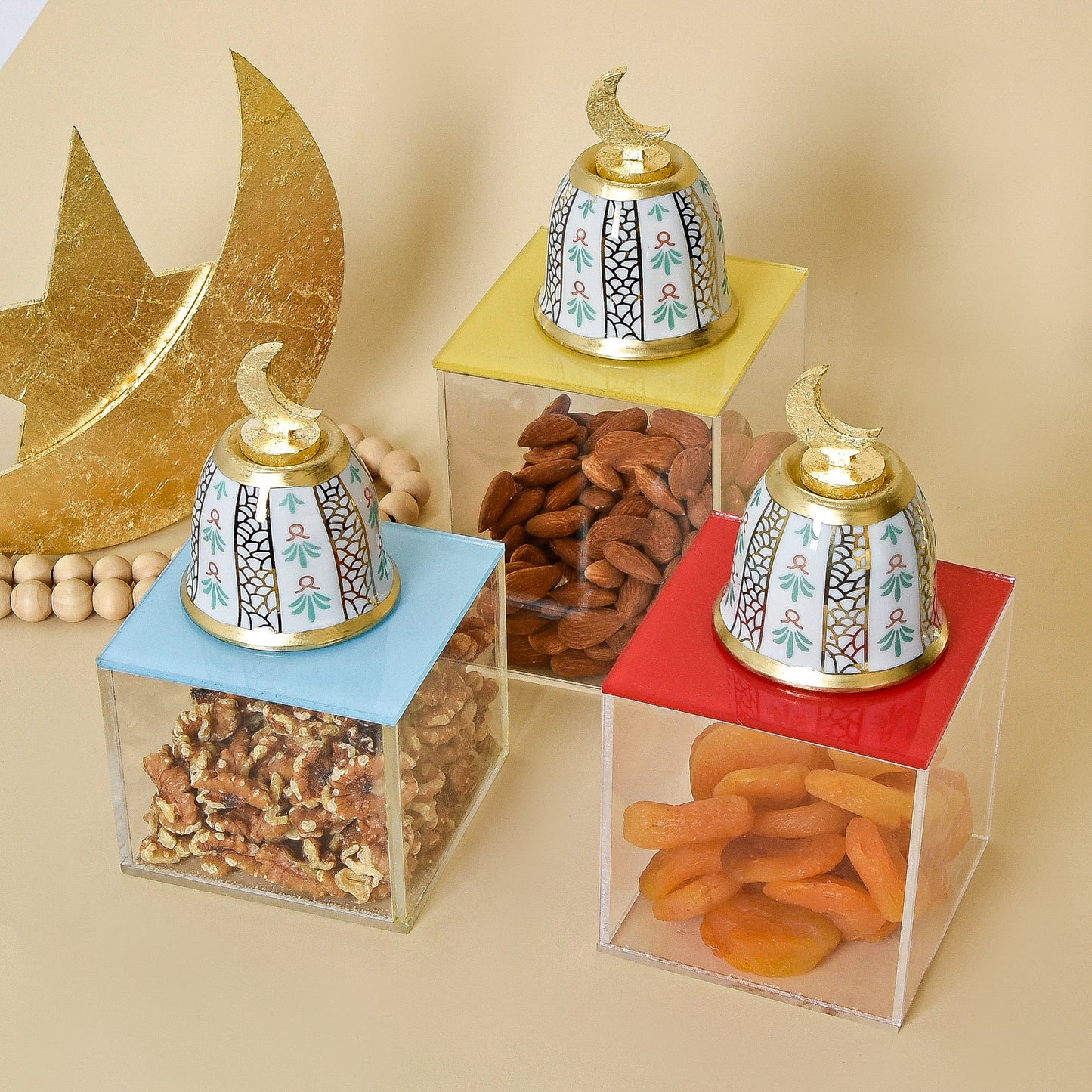 Bedouin Cups and Gold Leaf Crescent – Acrylic Box Set of Three