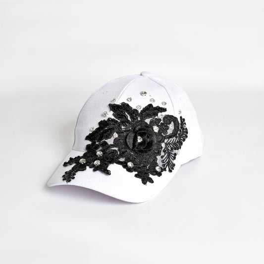 Black Lace and Rhinestones White Cap
