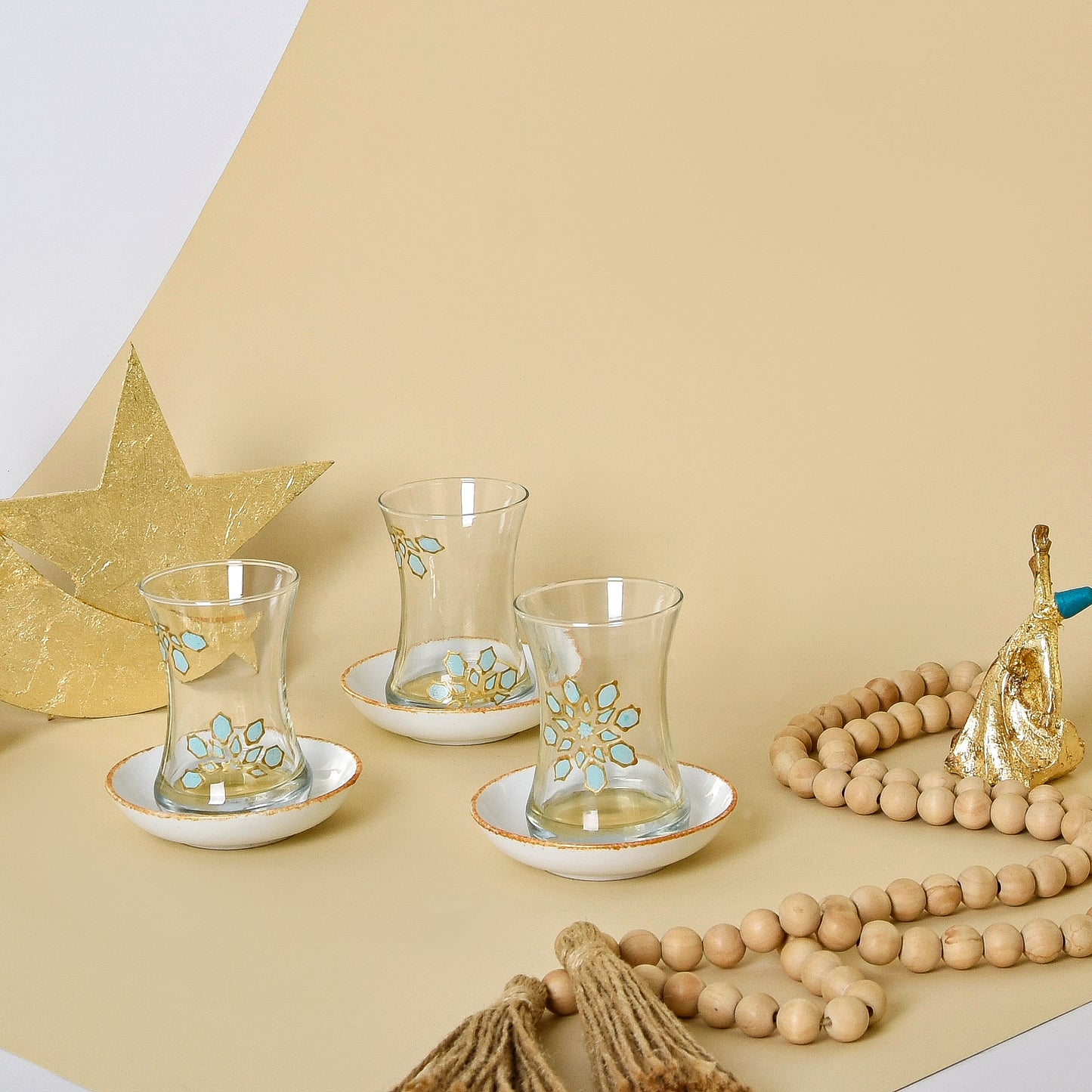 Light Blue & Gold Islamic Motifs – Tea Cups with Porcelain Saucers Set of Six