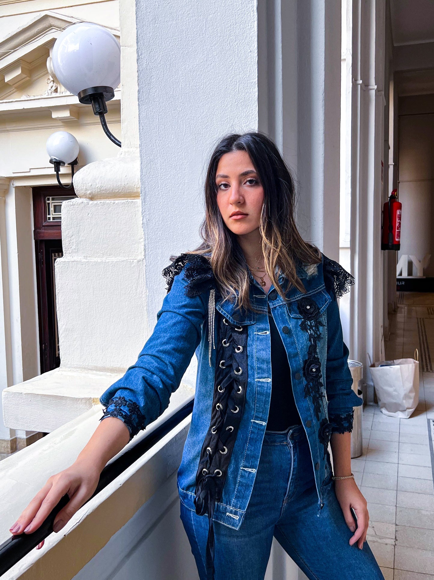 Blue Long With Black Lace and Flowers Denim Jacket