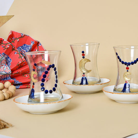 Egyptian Khayamiah Beaded Crescent with Gold Leaf – Tea Cups with Porcelain Saucers Set of Six
