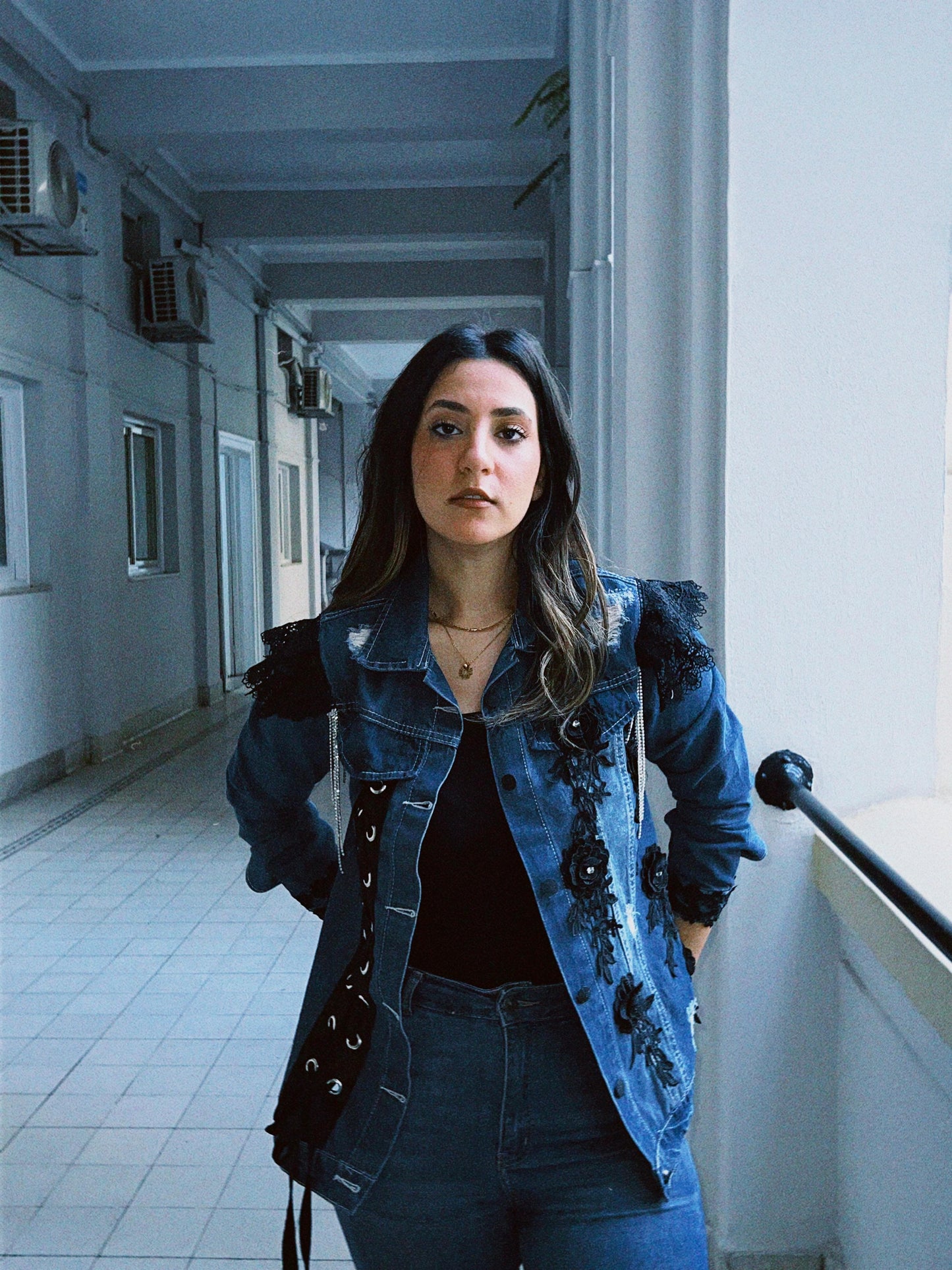 Blue Long With Black Lace and Flowers Denim Jacket