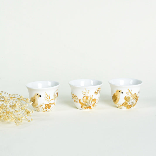 Gold with Turquoise Bird & Flowers Arabic Coffee Cups Set of Six