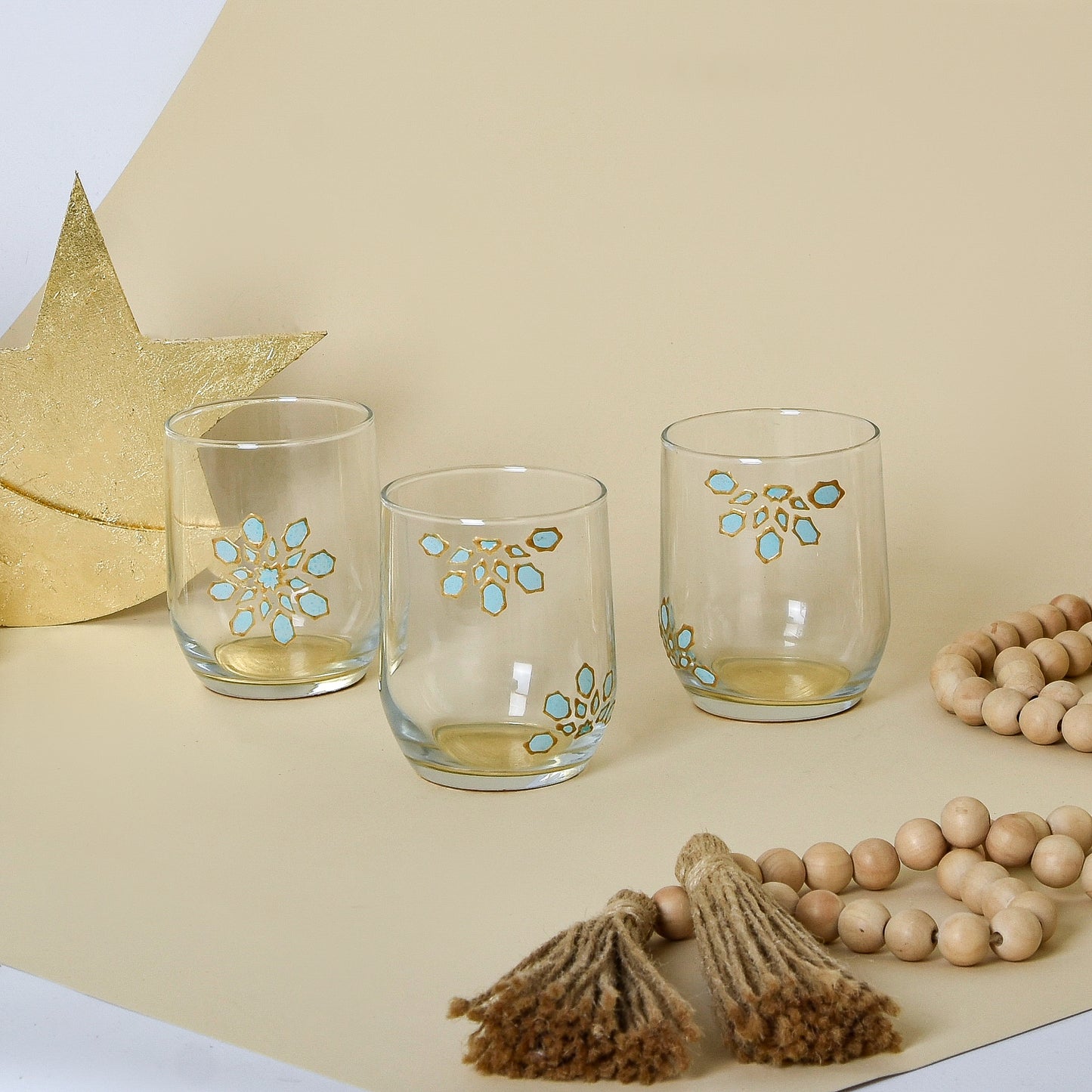 Light Blue & Gold Islamic Motifs – Water Glasses Set of Six