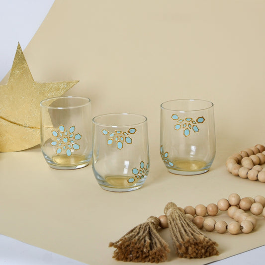 Light Blue & Gold Islamic Motifs – Water Glasses Set of Six