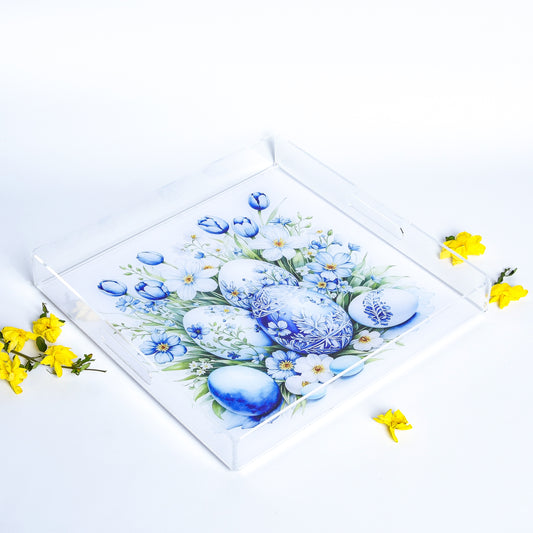 Flowery Blue Easter Eggs Medium Plexi Tray