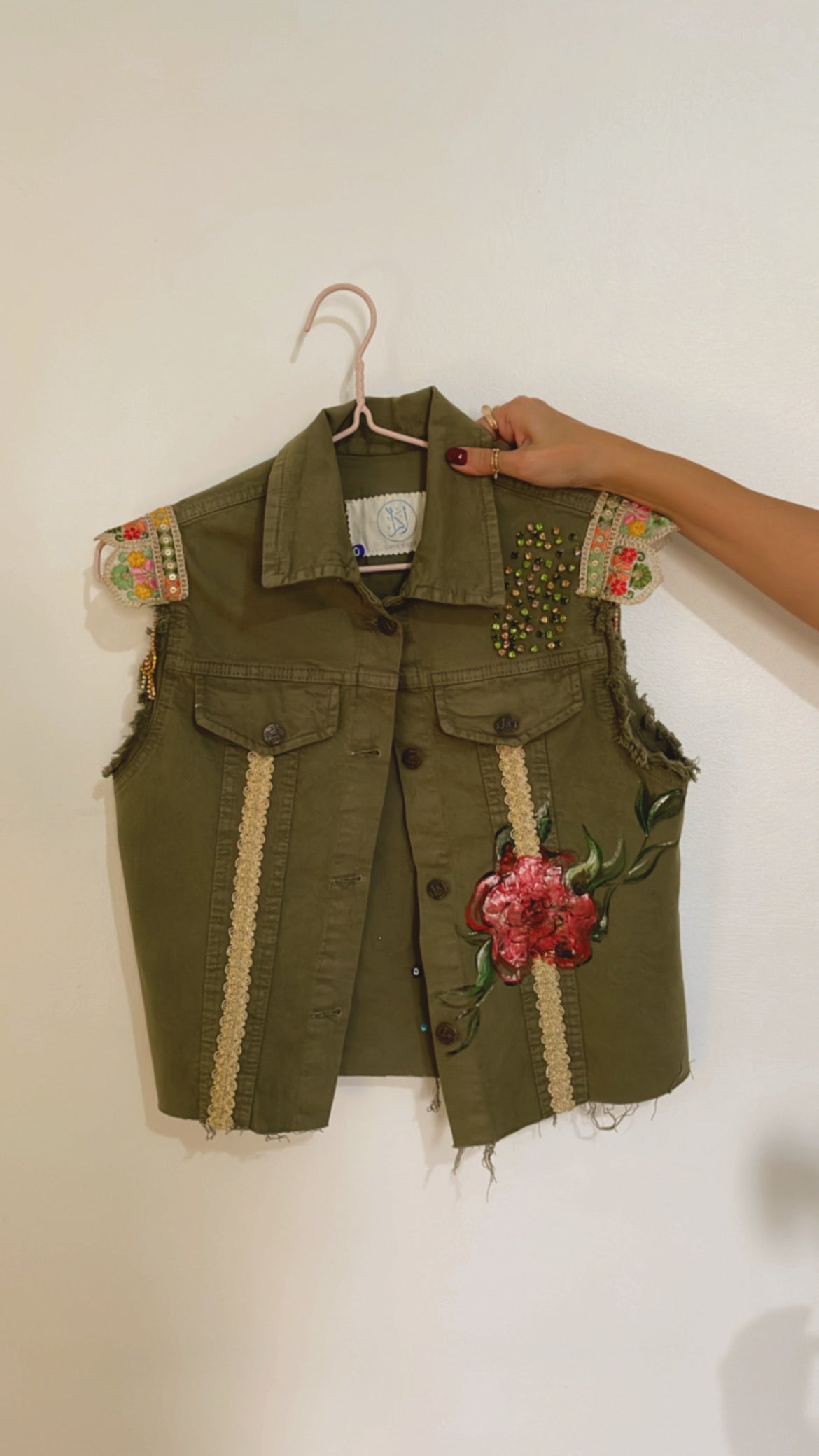 Green Vest with Painted Back and Red Flower