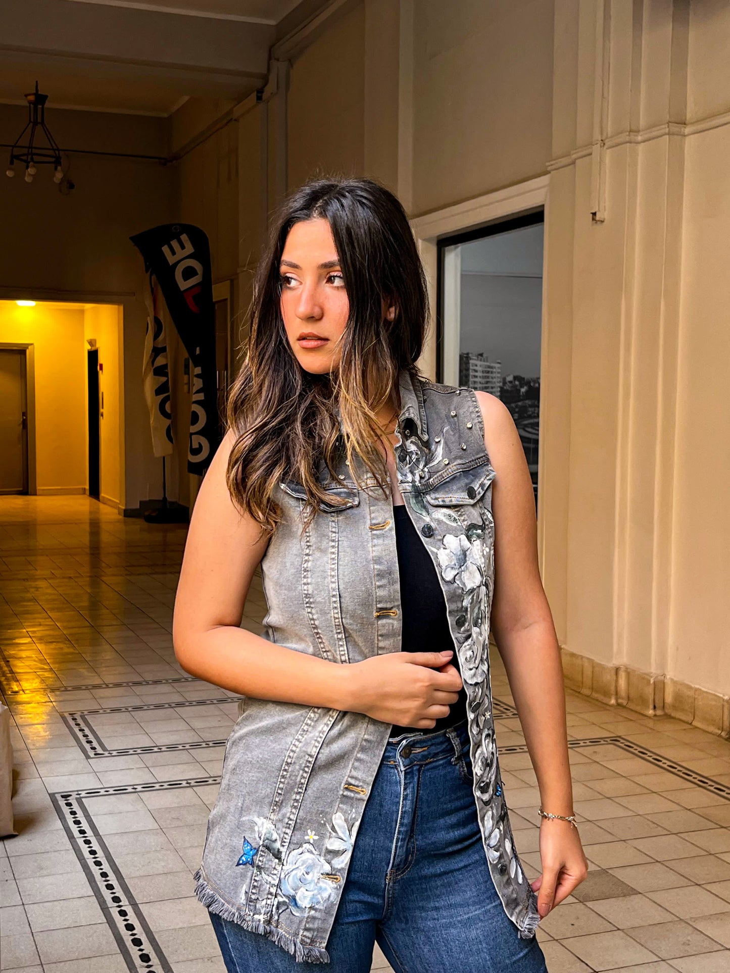 Grey Vest with Lace and Painted White Flowers