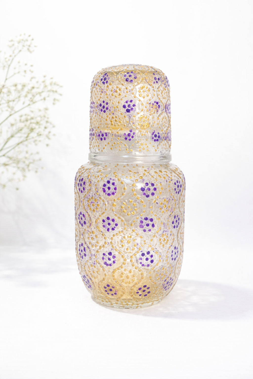 Gold & Purple - Hand-Painted Bedside Water Carafe with Cover Glass