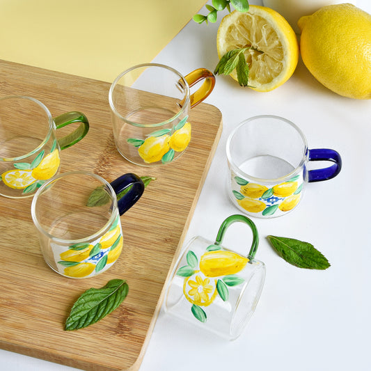 Fresh Lemones with Blue White Coffee Cups Set of Six