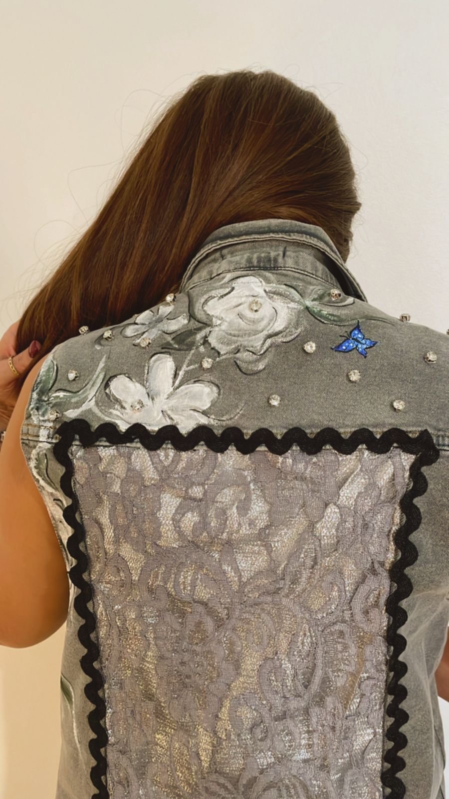 Grey Vest with Lace and Painted White Flowers