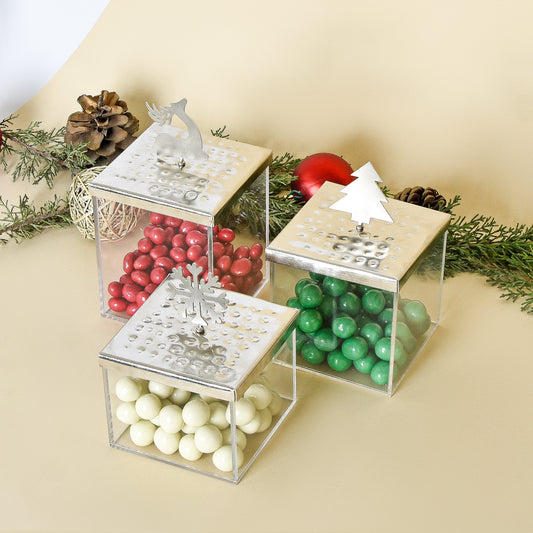 Christmas Silver Metal Lid Ornaments – Set of Three Boxes