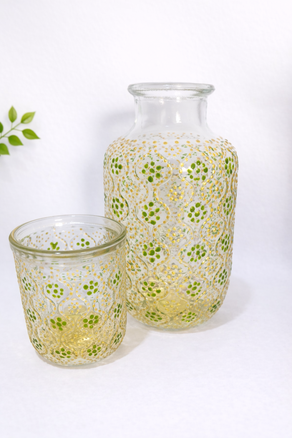 Gold & Green - Hand-Painted Bedside Water Carafe with Cover Glass