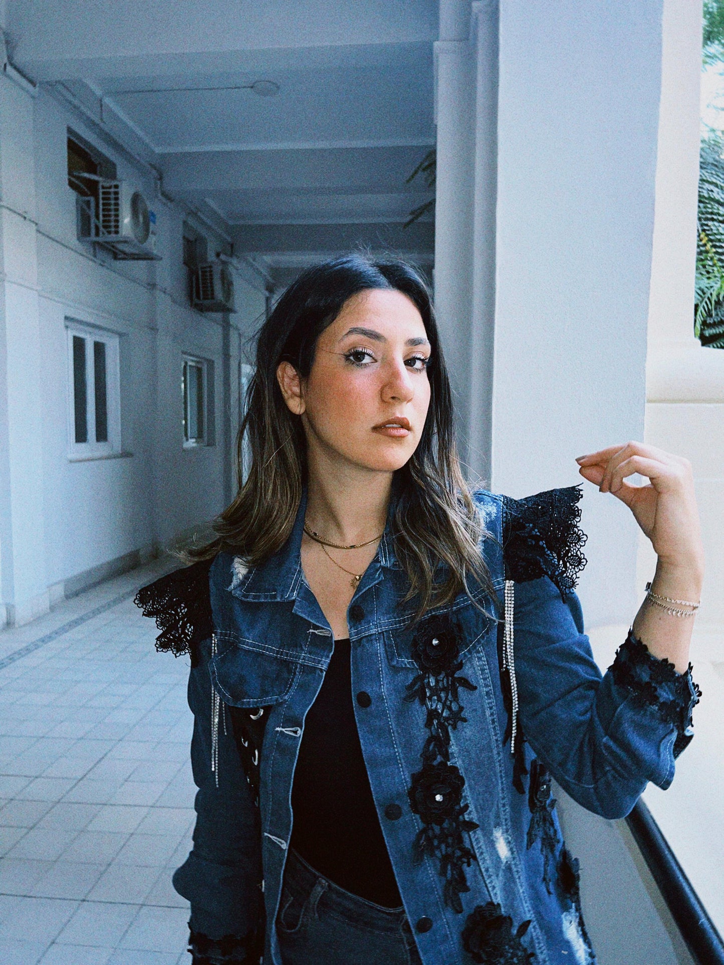 Blue Long With Black Lace and Flowers Denim Jacket