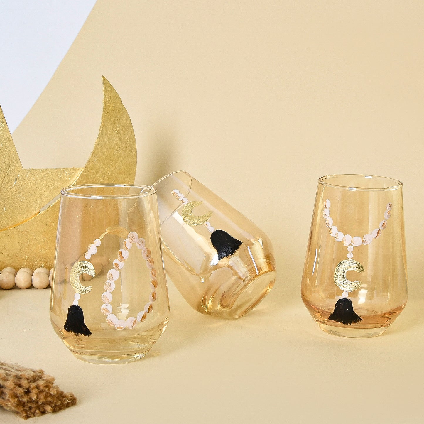 Amber Beaded Crescent with Gold Leaf – Water Glasses Set of Six
