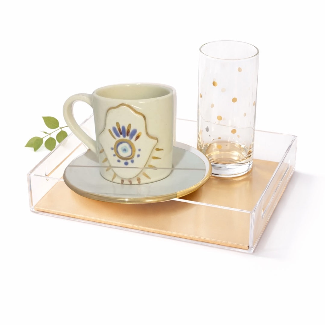 Fatima Hand with Evil Eye - Hand-Painted Coffee Gift Set with Gold Leaf Plexi Tray