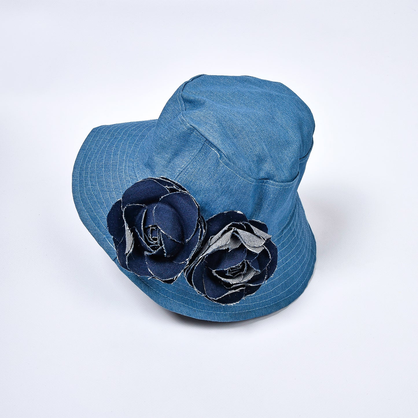 Light Blue Denim Fisherman Hat with Two Big Flowers