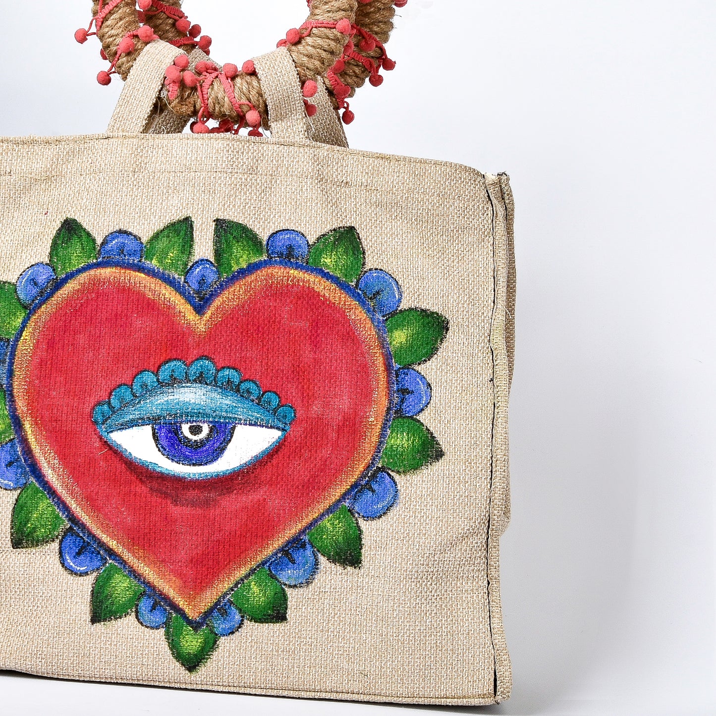 Hand Painted Beach Bag with Big Fushia Heart