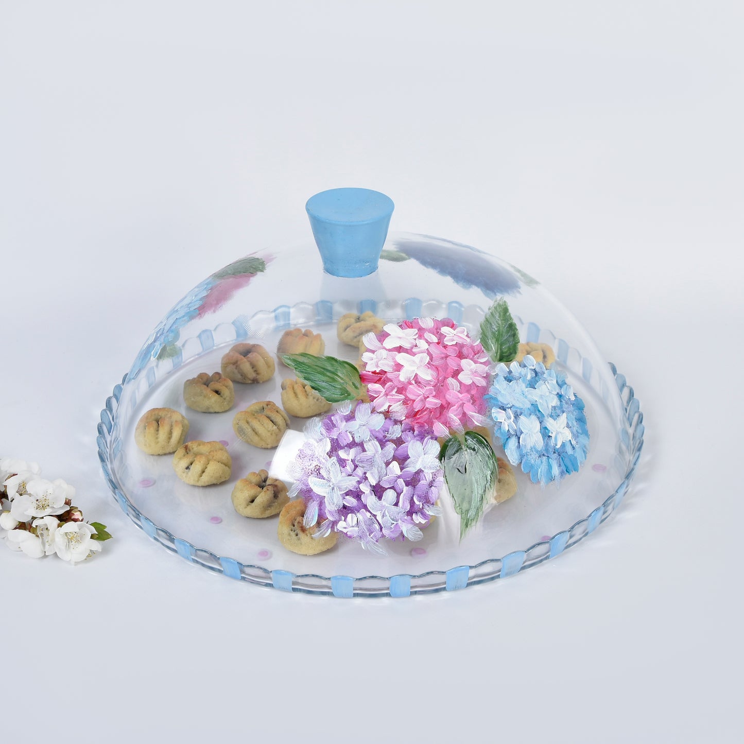 Hydrangea with Dots and Stripes Big Cake Plate