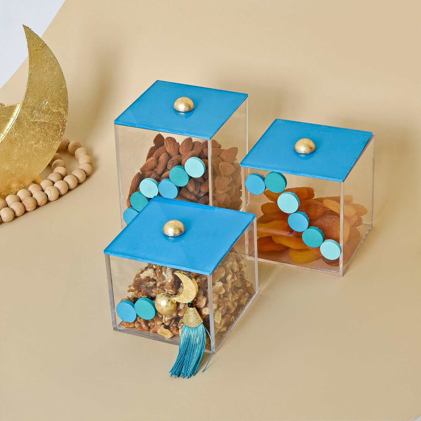 Blue Beaded Crescent with Gold Leaf – Acrylic Box Set of Three