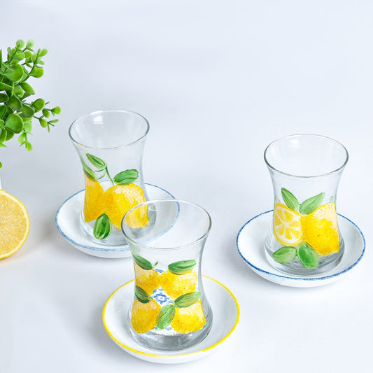 Fresh Lemones with Blue Tea Cups With Saucers Set of Six