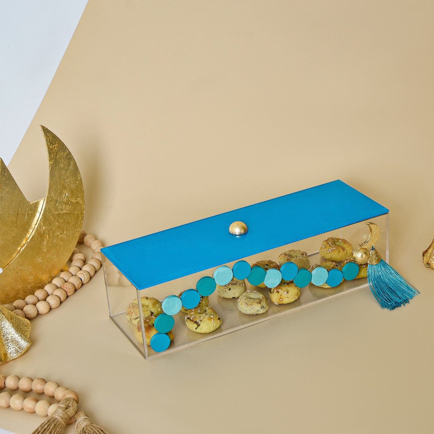 Blue Beaded Crescent with Gold Leaf – Acrylic Rectangular Box