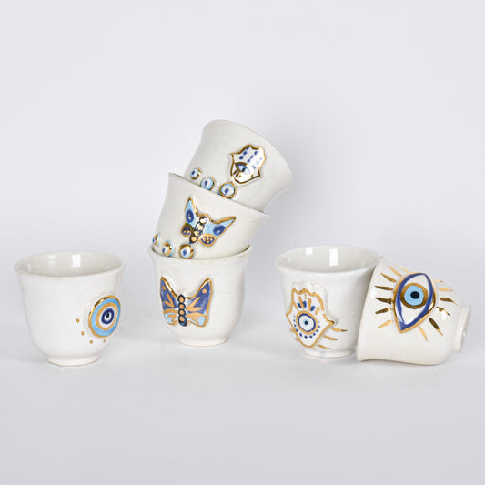 Embossed Eyes, Fatima Hands and Butterflies Handmade Arabic Coffee Cups set of six