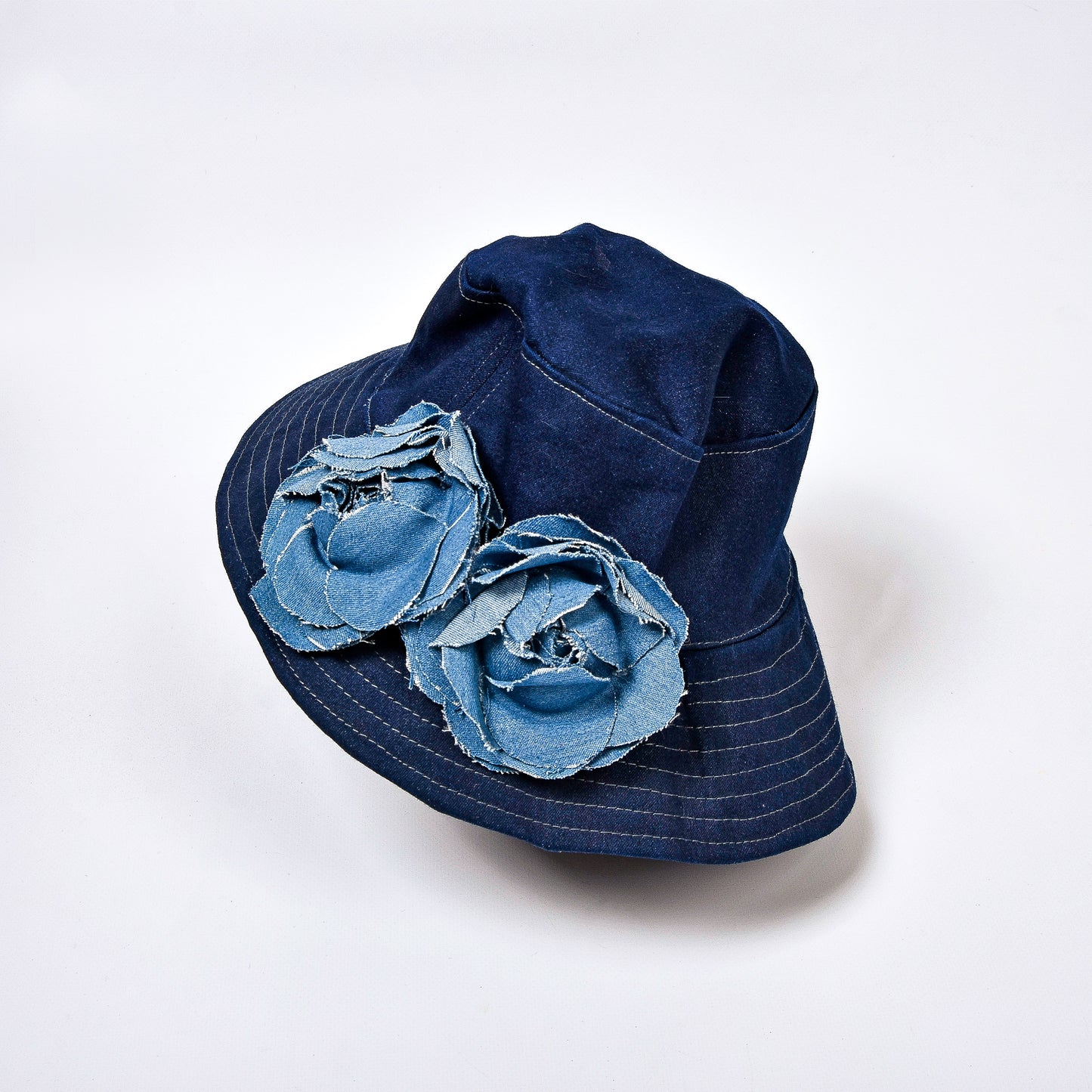 Dark Blue Denim Fisherman Hat with Two Big Flowers