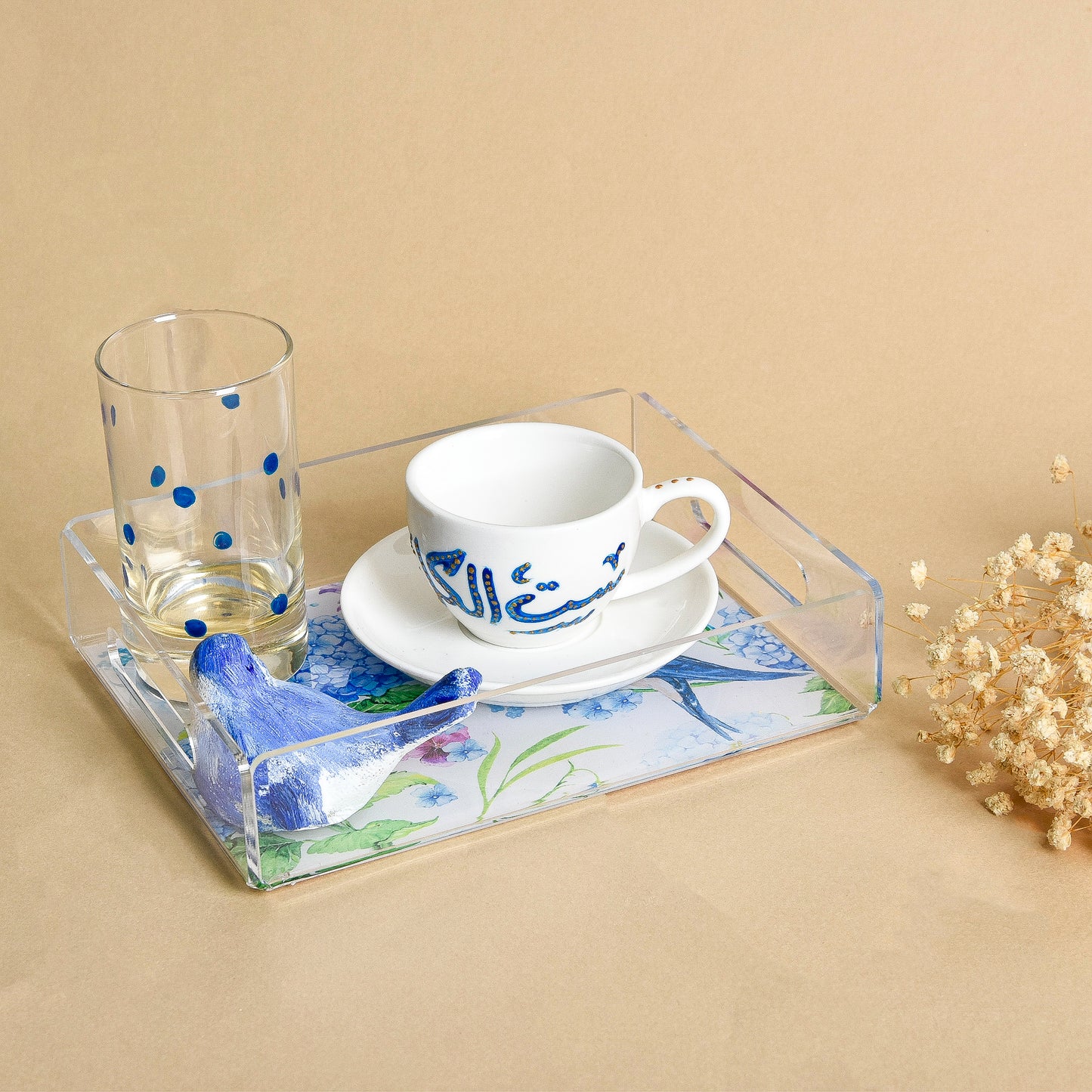 Blue Bird  White Coffee Cup Tray Set