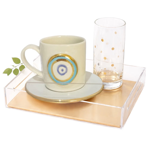 Round Evil Eye - Hand-Painted Coffee Gift Set with Gold Leaf Plexi Tray