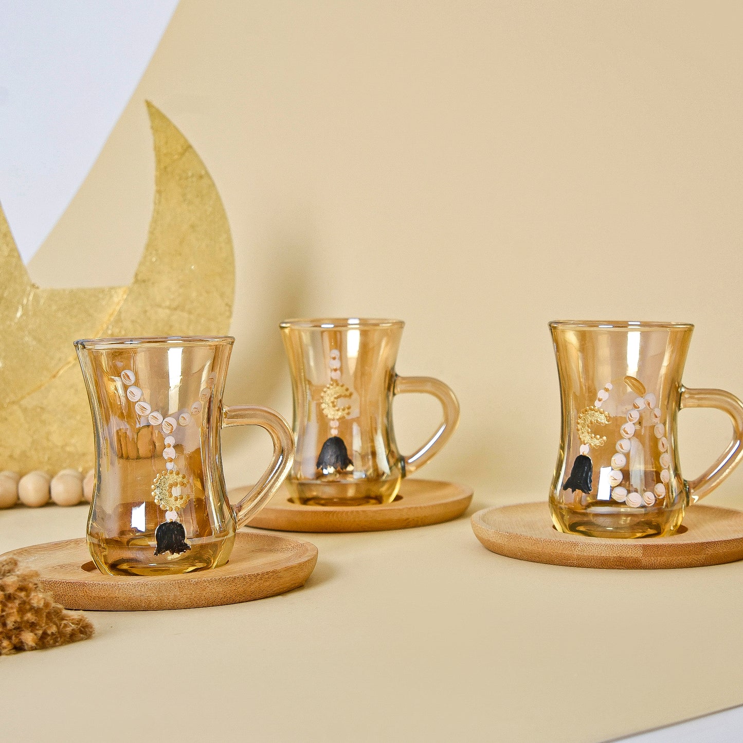 Amber Beaded Crescent with Gold Leaf – Tea Cups with Wooden Saucers Set of Six