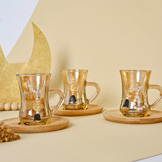 Amber Beaded Crescent with Gold Leaf – Tea Cups with Wooden Saucers Set of Six