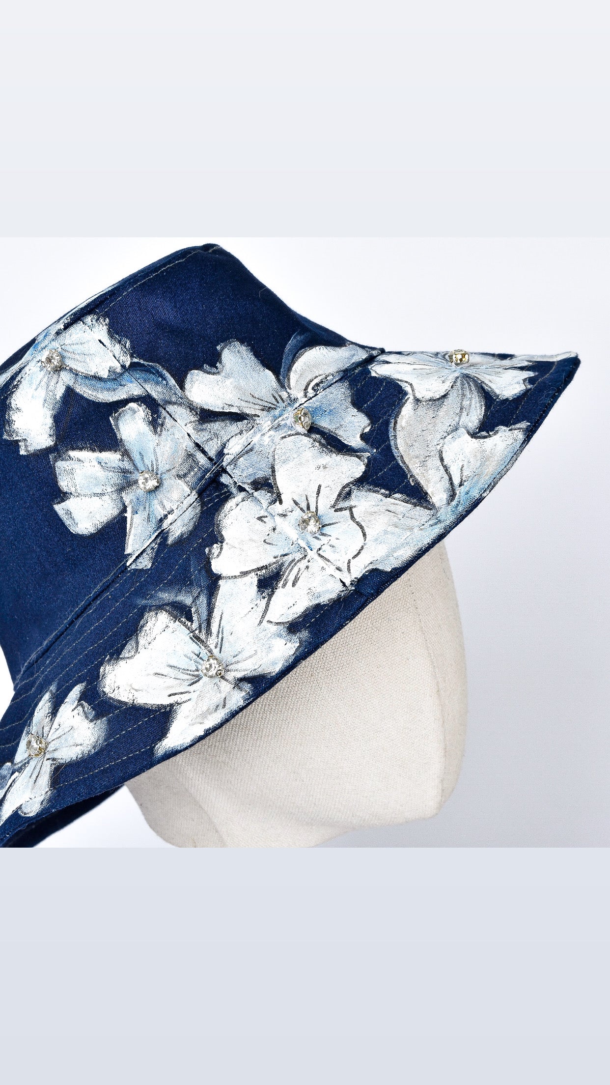 Dark Blue Denim Fisherman Hat with Flowers & Rhinestones