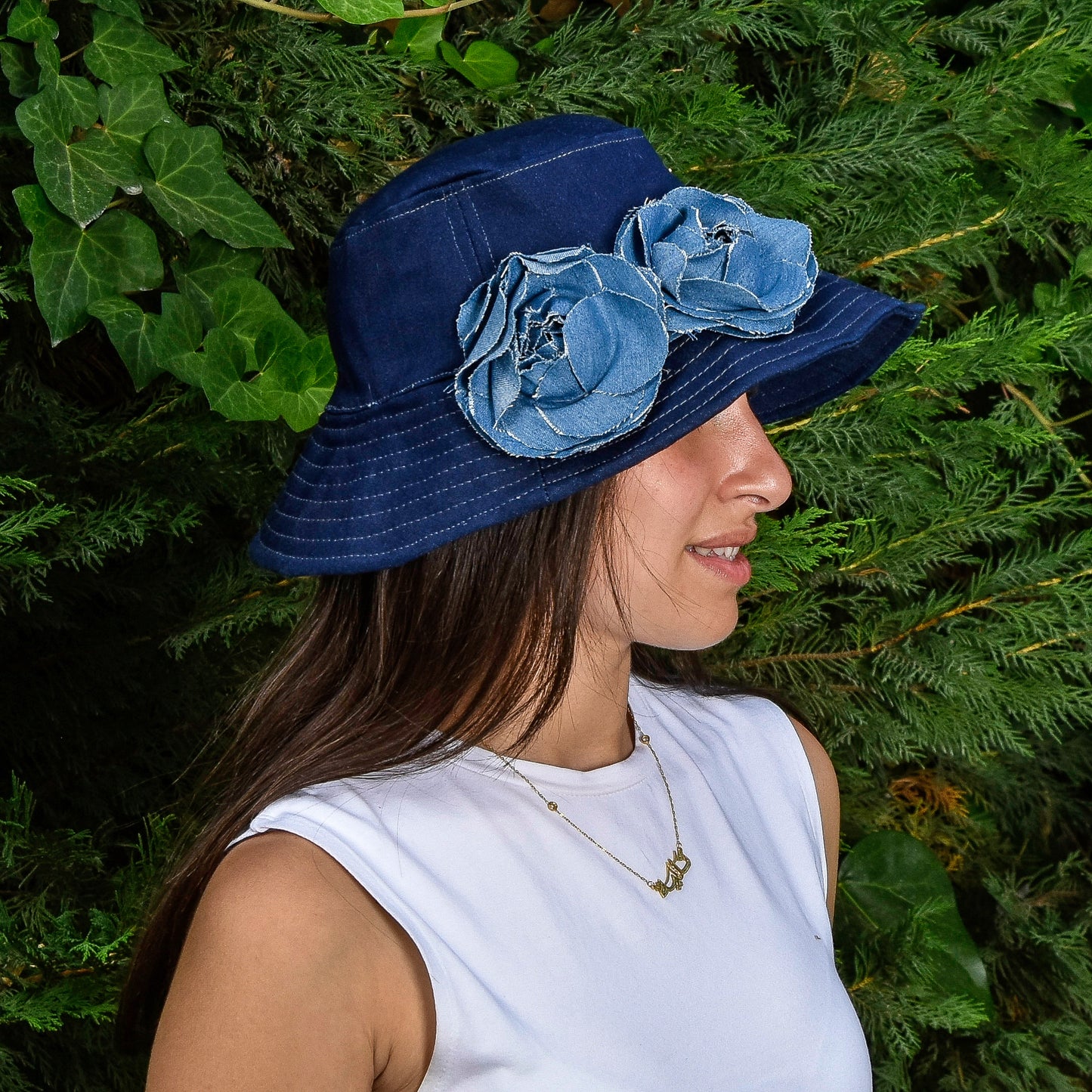 Dark Blue Denim Fisherman Hat with Two Big Flowers