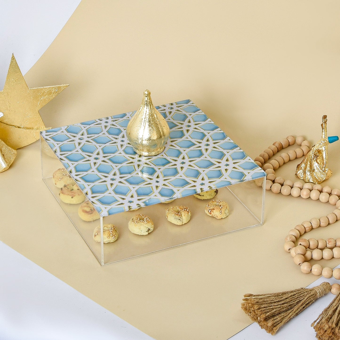 Light Blue & Gold Islamic Motifs – Acrylic Square Box