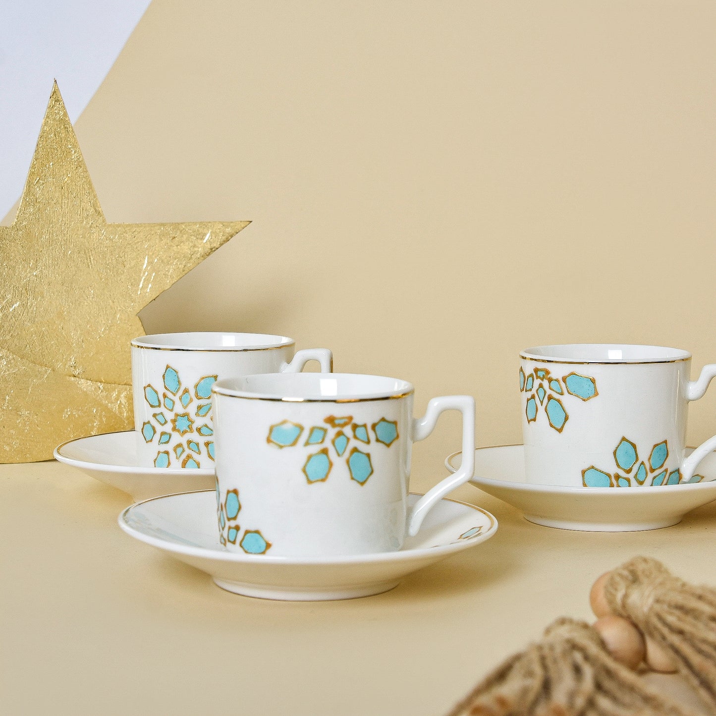 Light Blue & Gold Islamic Motifs – Turkish Coffee Cups Set of Six