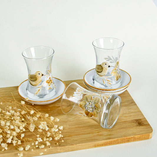 Gold with Turquoise Bird & Flowers Tea Cups With Saucers Set of Six