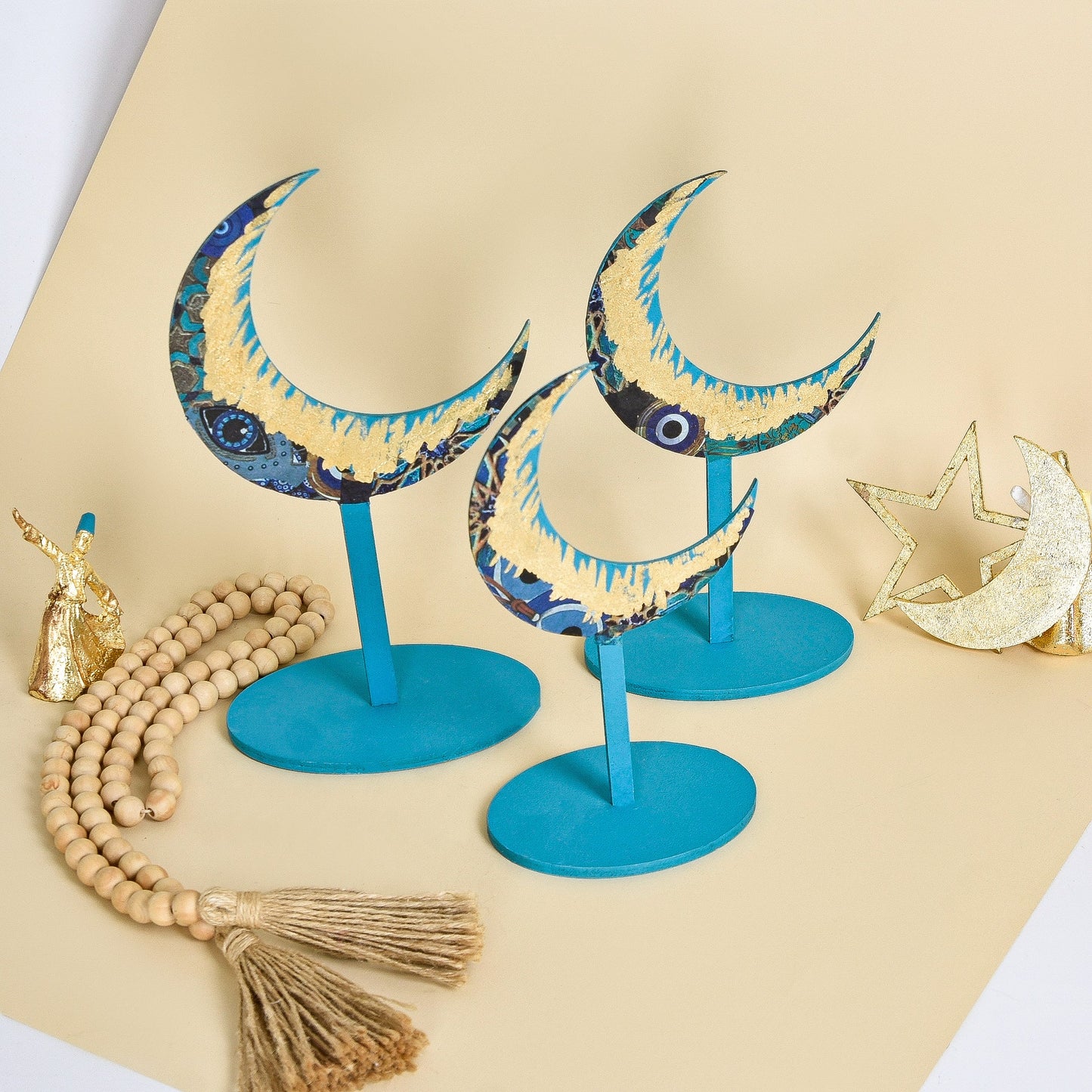 Turquoise & Gold Wooden Crescent – Set of Three