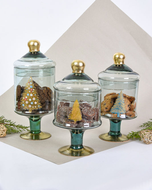 Three Metalic Christmas Trees Candy Jars Set of 3
