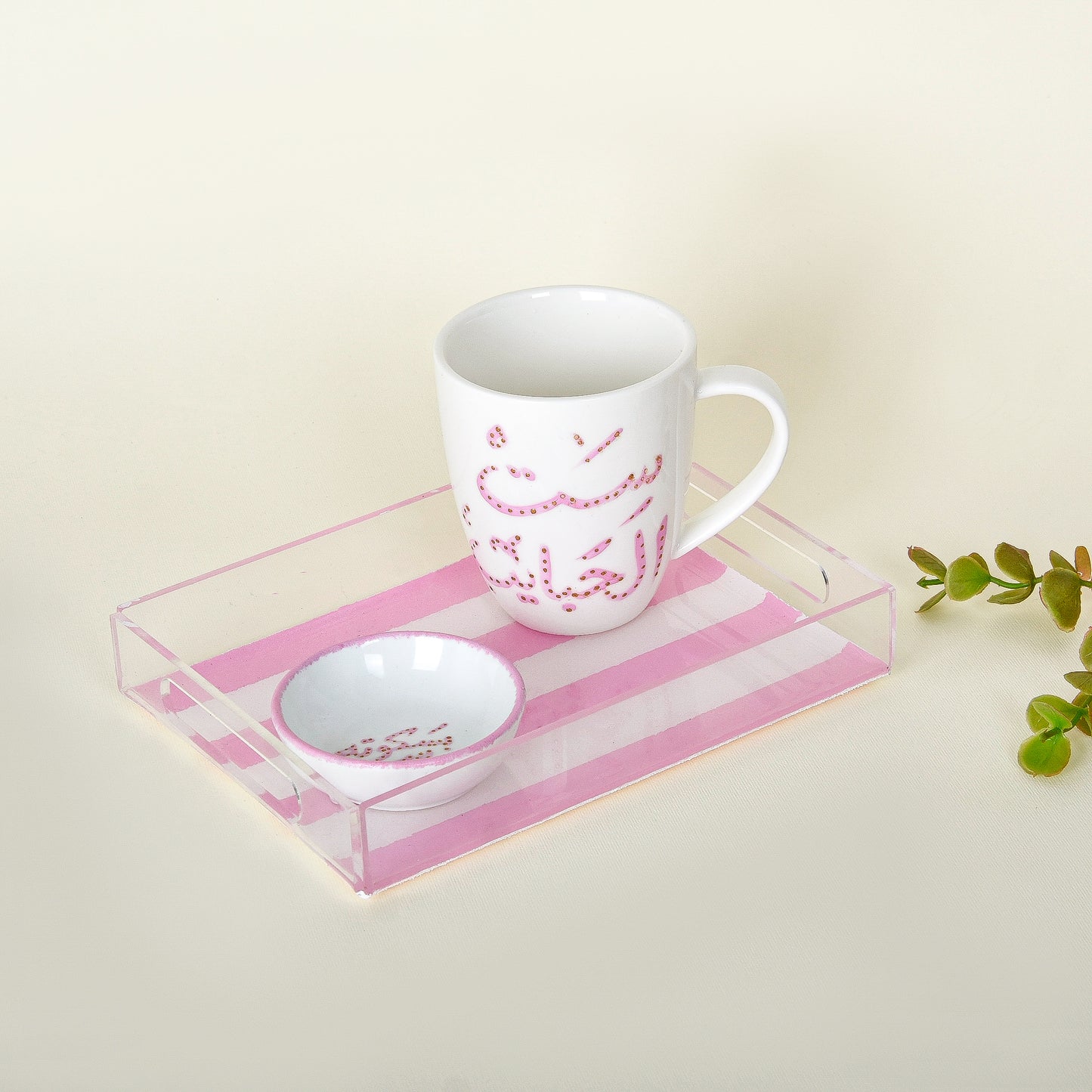 Pink Blossom Bird – Mother’s Day Hand-Painted Mug Gift Set with Plexi Tray (Sit El Habayeb)