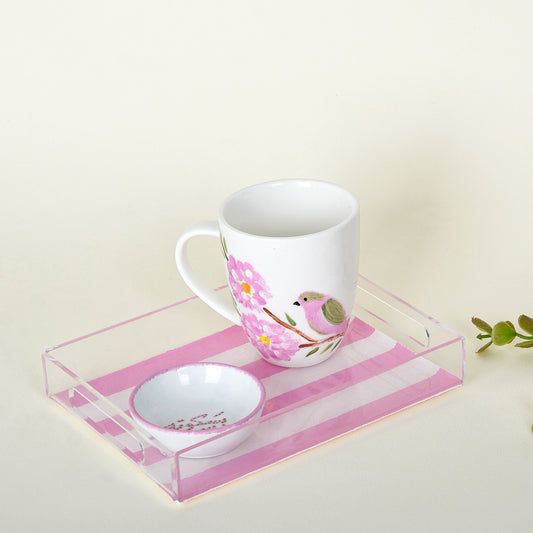 Pink Blossom Bird – Mother’s Day Hand-Painted Mug Gift Set with Plexi Tray (Sit El Habayeb)