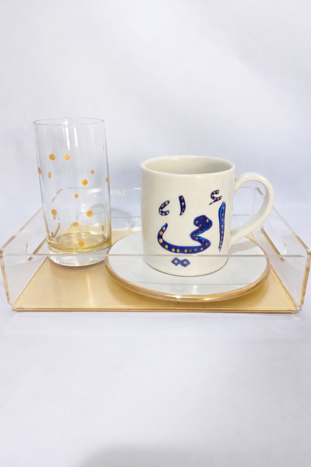 Fatima Hand with Evil Eye - Hand-Painted Coffee Gift Set with Gold Leaf Plexi Tray