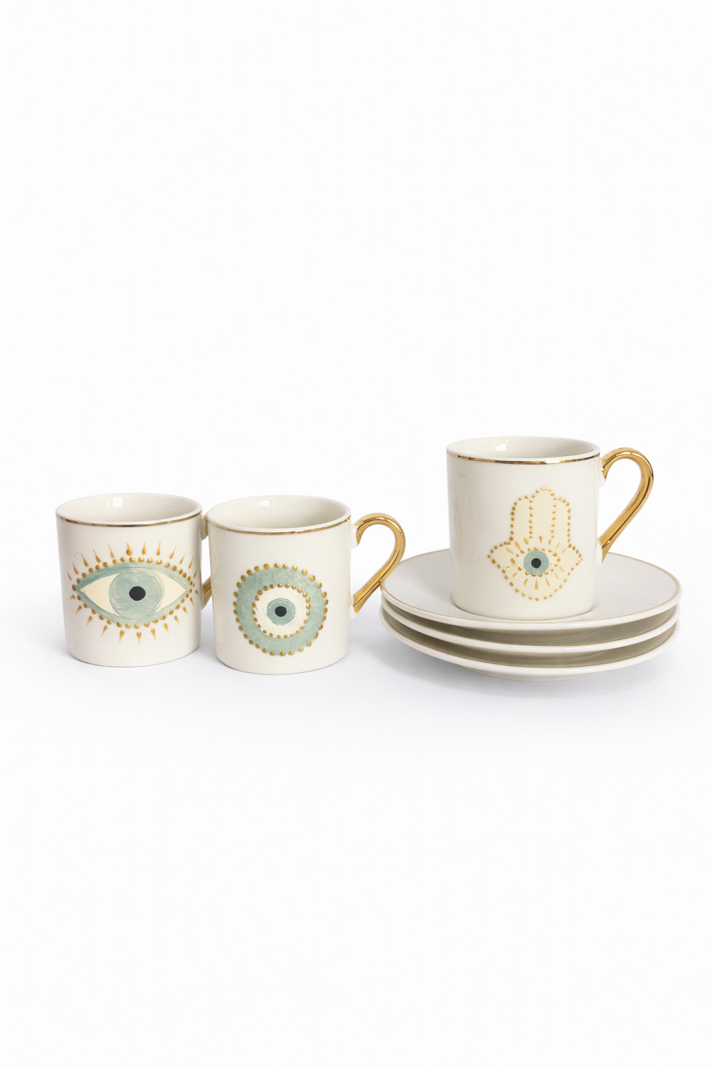 Pistachio Fatima Hands and Blue Eyes Turkish Coffee Cups with Saucers Set of Six