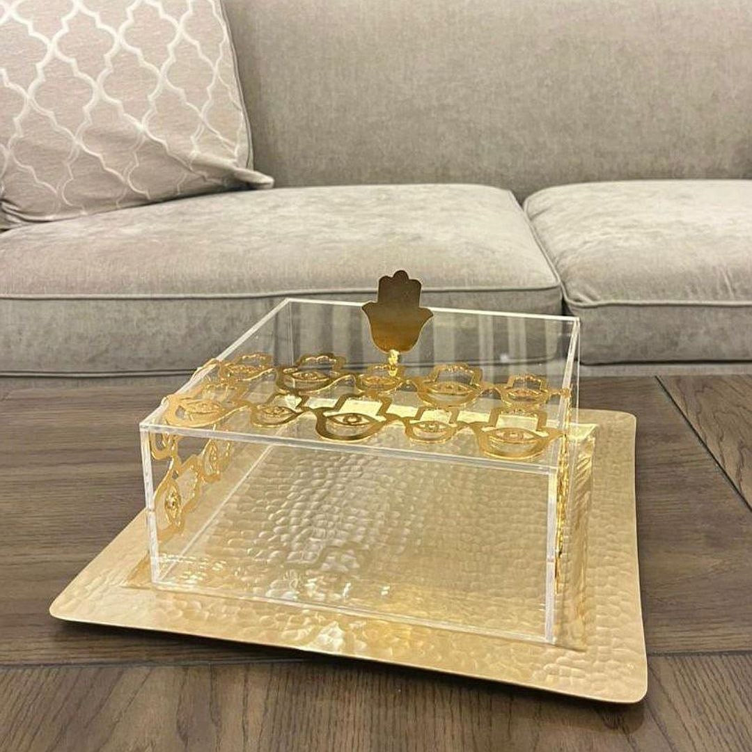 Fatima Hands Plexi Cake Stand - Square - Gold